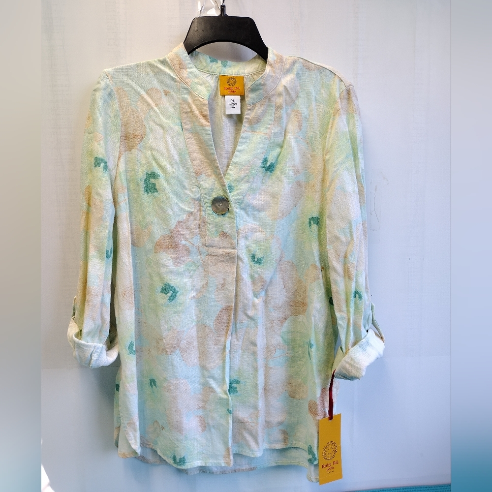 NWT Ruby Rd Womens Pullover Roll Tab Sleeves Floral Multicolor Blouse Size PL - Picture 4 of 11